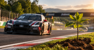 Carro de corrida em circuito, ao lado de uma muda de árvore plantada.