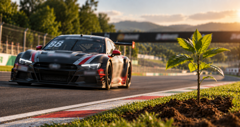 Carro de corrida em circuito, ao lado de uma muda de árvore plantada.